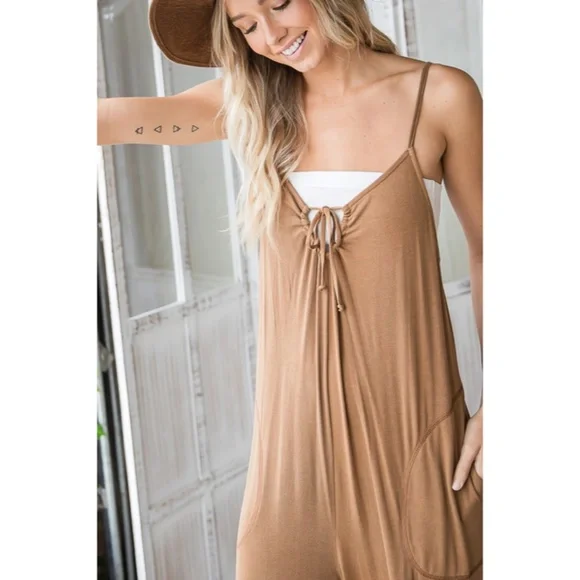 SOLD OUT Camel Bohemian Solid Convertible Oversized Wide Leg Casual Jumpsuit - Picture 3 of 5